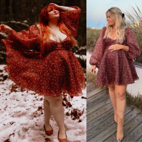 Selkie Princess Crimson Darling Red Floral Puff Sleeve Organza Mini Dress Size S - Picture 14 of 15